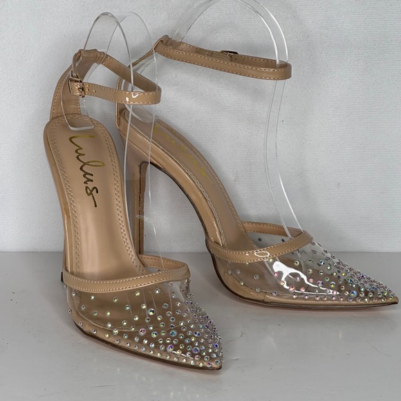 Lulus Keiza Ankle Strap Pumps Light Nude Rhinestones‎ Pointed Toe Fairycore Sz 6 - Picture 7 of 12